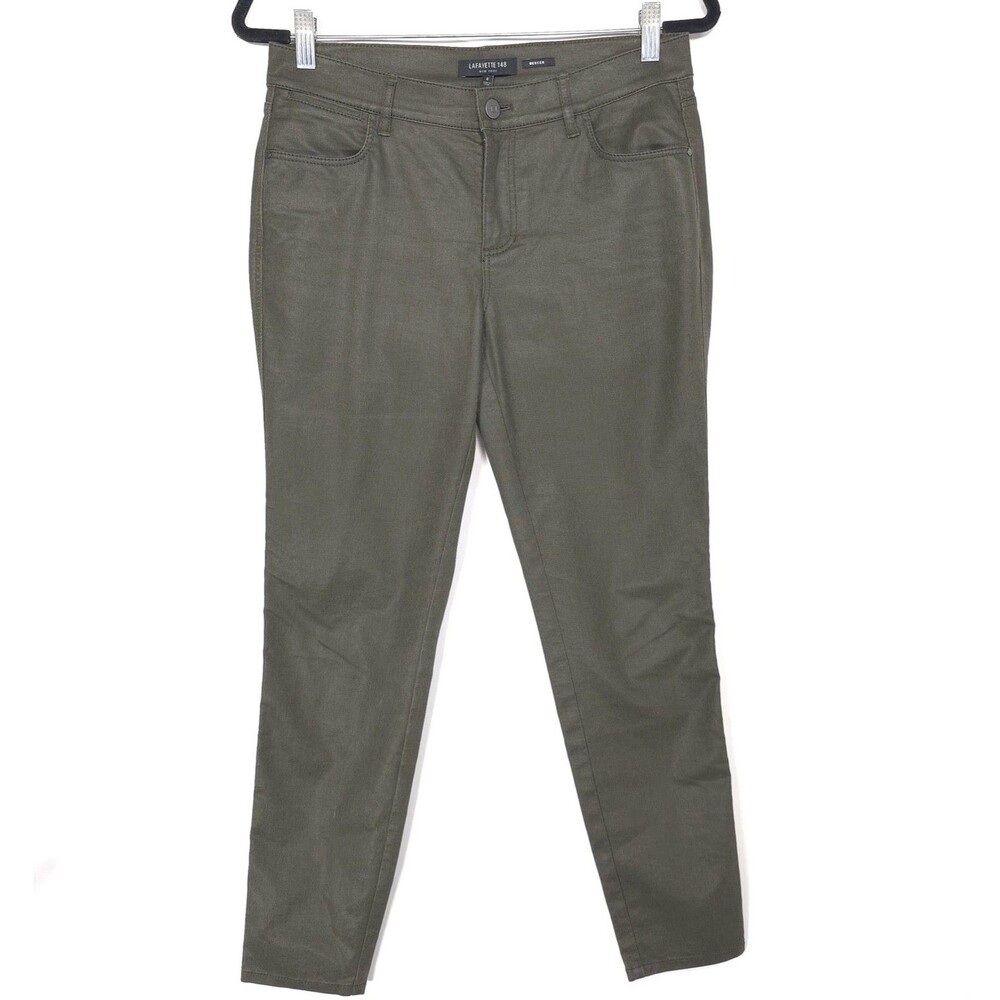 LAFAYETTE 148 NEW YORK Mercer Coated Skinny Pants Size 6 Olive Stretch Women’s